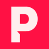 A large white letter "P" is centered on a red background.