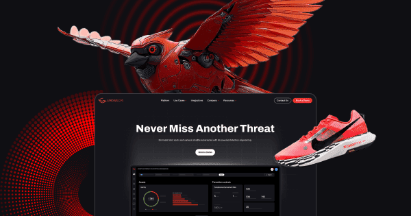 A robotic bird with red wings and a sneaker in front of a computer screen displaying cybersecurity graphics.